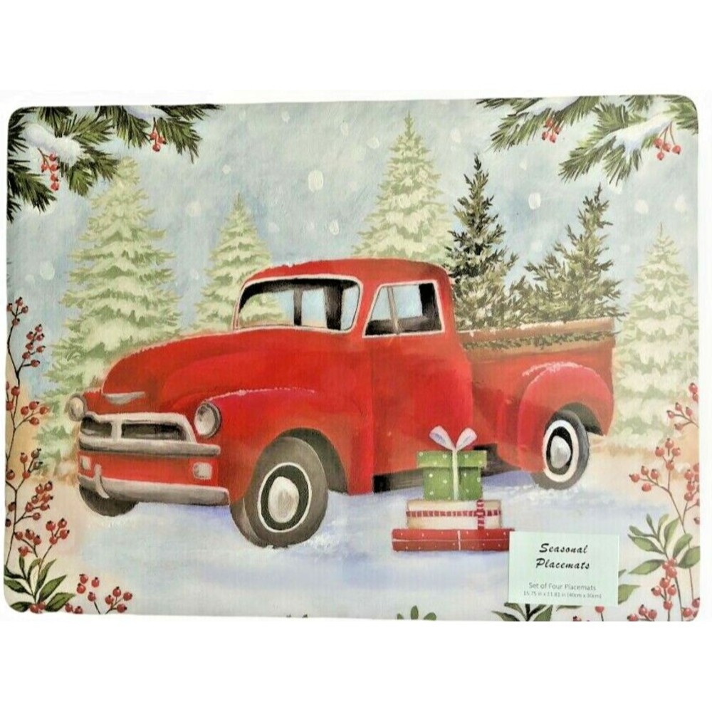 Christmas Tree Red Farm Truck Cork Back Placemats Holiday Country Set of 4